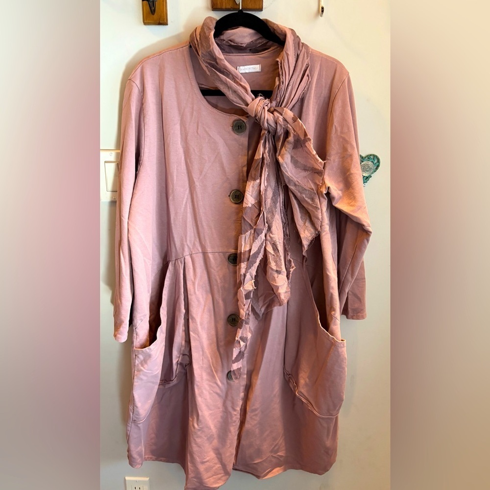 Pink Button-Up Long Coat with Scarf - Picture 1 of 1